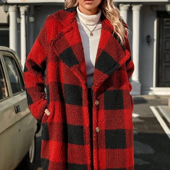 Red Preppy Womens Buffalo Plaid Print Lapel Neck Drop Shoulder Flannel… - Picture 1 of 5